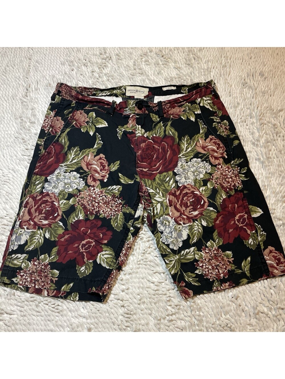 Denim & Supply Ralph Lauren Floral Chino Shorts Mens 33 Black Red 10" Inseam